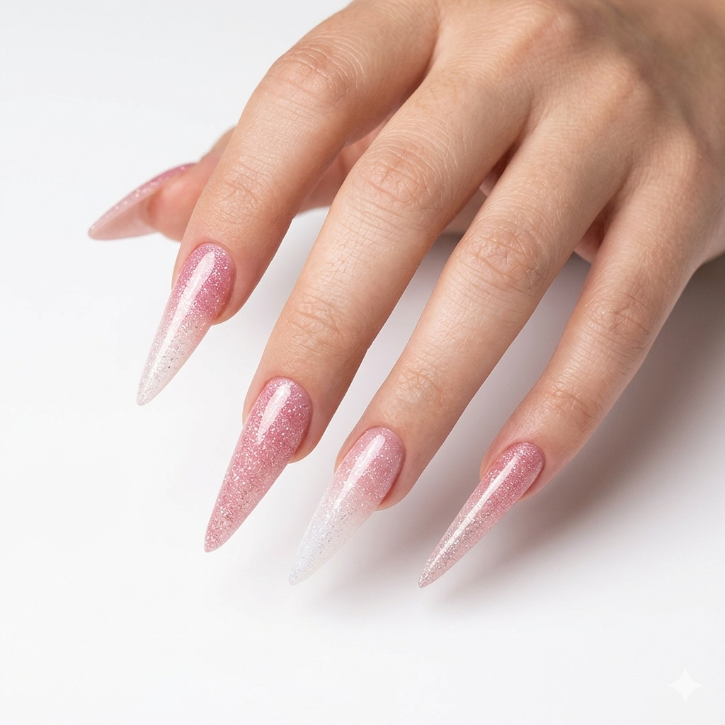 Glitter ροζ stiletto νύχια — δείγμα Σεμιναρίων Acrygel Σχήματα